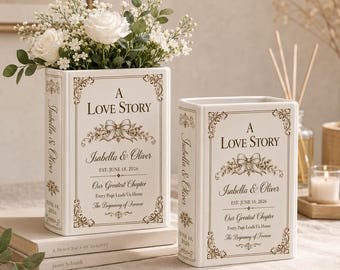 Personalized Ceramic Book Vase, Custom Engagement Flower Vase With Names, Blue Floral Book Decor Gift For Couple