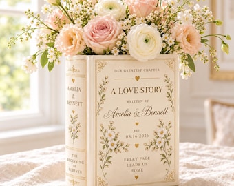 Personalized Ceramic Book Vase, Custom Couple Flower Vase With Names and Date, Blush Floral Wedding or Anniversary Gift