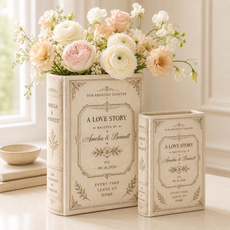 May include: Two cream-colored book-shaped vases featuring the text "A Love Story," "Written by Amelia & Bennett," and "Est. 08.16.2026." The vases are filled with a bouquet of white, cream, and soft pink ranunculus and small white flowers.