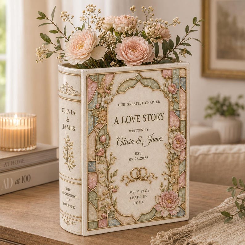 May include: A decorative book-shaped vase in cream with pastel floral and stained-glass patterns. The front reads: OUR GREATEST CHAPTER A LOVE STORY WRITTEN BY OLIVIA & JAMES EST. 09.26.2026. The spine reads: OLIVIA & JAMES THE BEGINNING OF FOREVER.