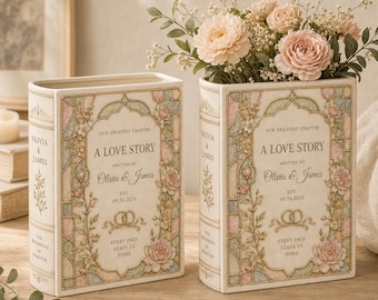 Personalized Ceramic Book Vase, Custom Couple Names and Wedding Date, Floral Stained Glass Style Anniversary Home Decor