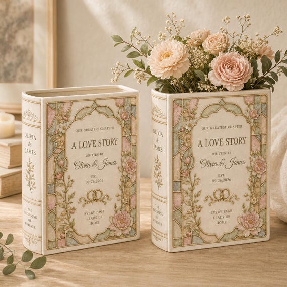 Personalized Ceramic Book Vase, Custom Couple Names and Wedding Date, Floral Stained Glass Style Anniversary Home Decor