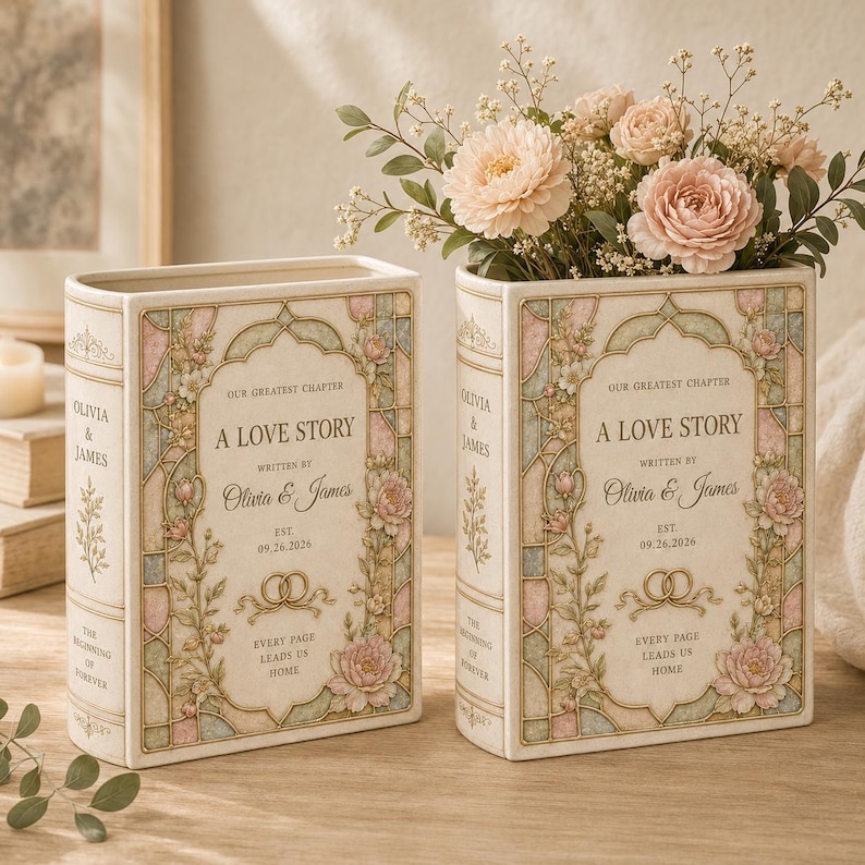 May include: Two rectangular ceramic book-shaped vases featuring a cream background with pastel floral and stained-glass style borders. The text reads: Our Greatest Chapter, A Love Story, Written by Olivia & James, Est. 09.26.2026, and Every Page Leads Us Home.