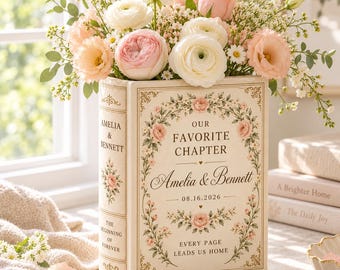 Personalized Ceramic Book Vase, Custom Names and Date Flower Holder, Blush Rose Wedding Keepsake for Couple