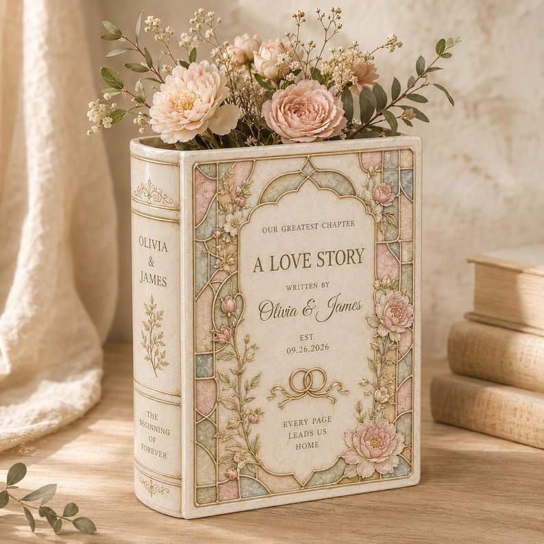 May include: A cream-colored book-shaped vase featuring a stained-glass style floral border in pastel pink, blue, and green. The front displays the text A LOVE STORY, WRITTEN BY OLIVIA & JAMES, EST. 09.26.2026, and two interlocking gold rings.
