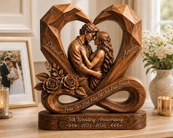 Personalized Anniversary Wooden Art, Couple Infinity Sculpture, Custom Names and Years, 5th Wedding Anniversary Gift