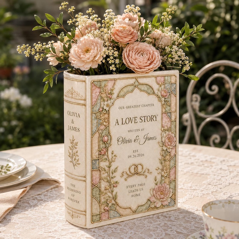 May include: A rectangular book-shaped vase in cream with pastel floral accents and stained glass patterns. The text reads: Our Greatest Chapter, A Love Story, Written By Olivia & James, Est. 09.26.2026, The Beginning Of Forever, Every Page Leads Us Home.