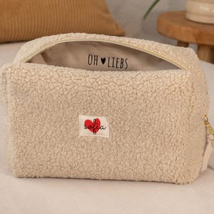 XL Kosmetiktasche Teddy Beige – Schminktasche groß – Kulturtasche handgemacht – flauschige Tasche