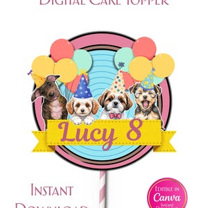 編集可能な犬の誕生日ケーキトッパー｜子犬のパーティーデコレーション（デジタルダウンロード）