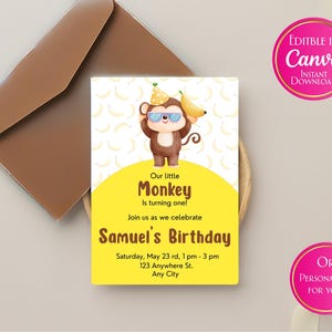 Eerste verjaardagsuitnodiging aap | Jungle-feestuitnodiging (digitale download) I bewerkbaar op canvas