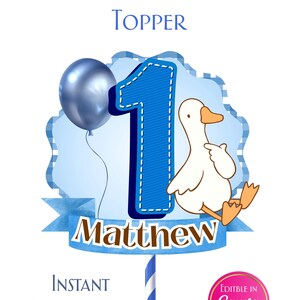 Goose 1st Birthday Cake Topper, Editable Blue Baby Boy Smash Cake (Digital Download)