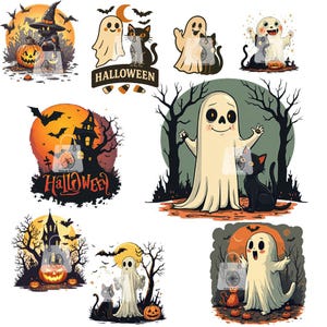 10 Free 1 Cute Halloween Ghost  Black Cat Clipart Set | Spooky Haunted House & Pumpkin Digital Download | Kawaii Halloween Illustrations