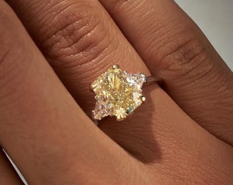 Radiant Cut Intense Yellow Lab Grown Diamond Ring, Two Tone Gold Three Stone Ring