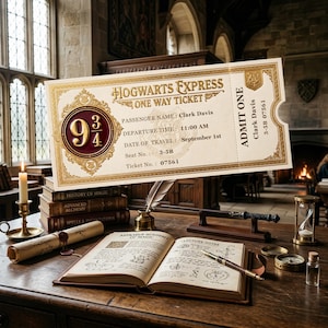 May include: A cream-colored Hogwarts Express one-way ticket with gold ornate borders, featuring the text 9 3/4, passenger name Clark Davis, departure time 11:00 AM, date September 1st, seat 3-5B, and ticket number 07561, displayed above a wooden desk.