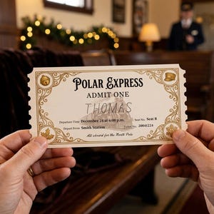 May include: A rectangular Polar Express train ticket with gold decorative borders, featuring the text 'ADMIT ONE', the name 'THOMAS', 'Departure Time December 24 at 6:00 p.m.', 'Depart From Smith Station', 'Seat No. Seat B', and 'Ticket No. 20041224'.
