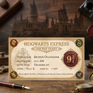 May include: A rectangular Hogwarts Express one-way ticket with a cream-colored background and ornate gold borders. The text reads Hogwarts Express, One Way Ticket, Platform 9 3/4, Arthur Ollivander, 11:00 AM, December 1st, Seat B, and ticket number 07561.