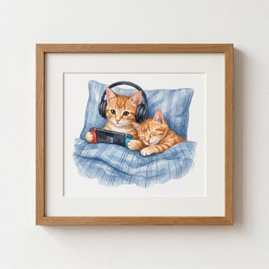 Funny Cat Art, Two Kittens Gaming, Watercolor Print (Digital Download)