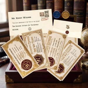 Peut inclure: Une collection d'articles en papier imprimé comprenant un billet aller simple pour le Hogwarts Express avec la marque du quai 9 3/4, une enveloppe crème adressée à M. Harry Wilson au Terrier, et une petite enveloppe scellée d'un sceau en cire rouge.