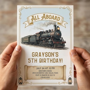 Op de afbeelding: Een uitnodigingskaart voor een verjaardag met een illustratie van een stoomtrein. De tekst "ALL ABOARD" staat boven de trein. De tekst "GRAYSON'S 5TH BIRTHDAY!" en evenementdetails staan eronder. De kaart wordt door handen vastgehouden.