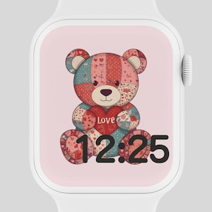 May include: A white smartwatch displays a colorful teddy bear design. The bear is made of patchwork fabric in shades of red, pink, and blue, holding a heart that says "Love." The time 12:25 is displayed in black.