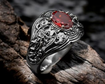 Sterling Silver Archangel Michael Ring, Red CZ Stone Warrior Amulet
