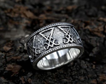 925 Sterling Silver Lucifer Band Ring for Men Women Satanic Gothic Jewelry