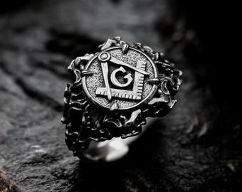 スターリングシルバーのフリーメイソンリング：フリーメイソンの