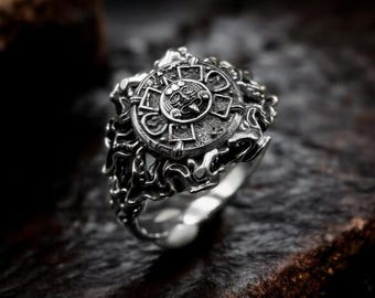Anillo de plata de ley 925 con calendario maya y piedra solar azteca, joyería bohemia.