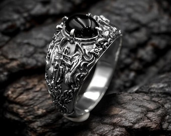 925 Sterling Silver Onyx Archangel Michael Ring, Warrior Amulet Jewelry