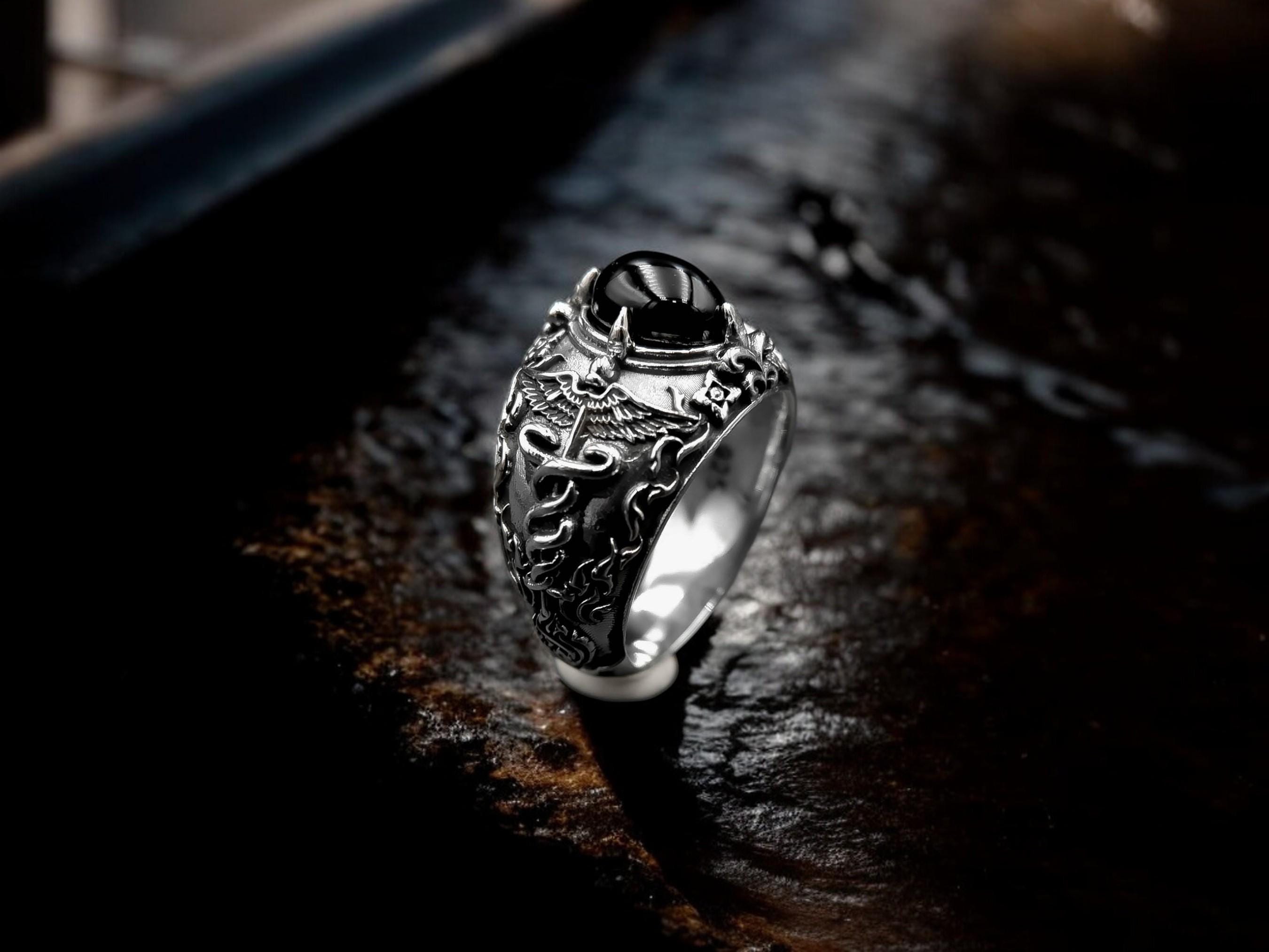 925 Sterling Silver Onyx Caduceus Ring, Gift-doctors Sign Ring