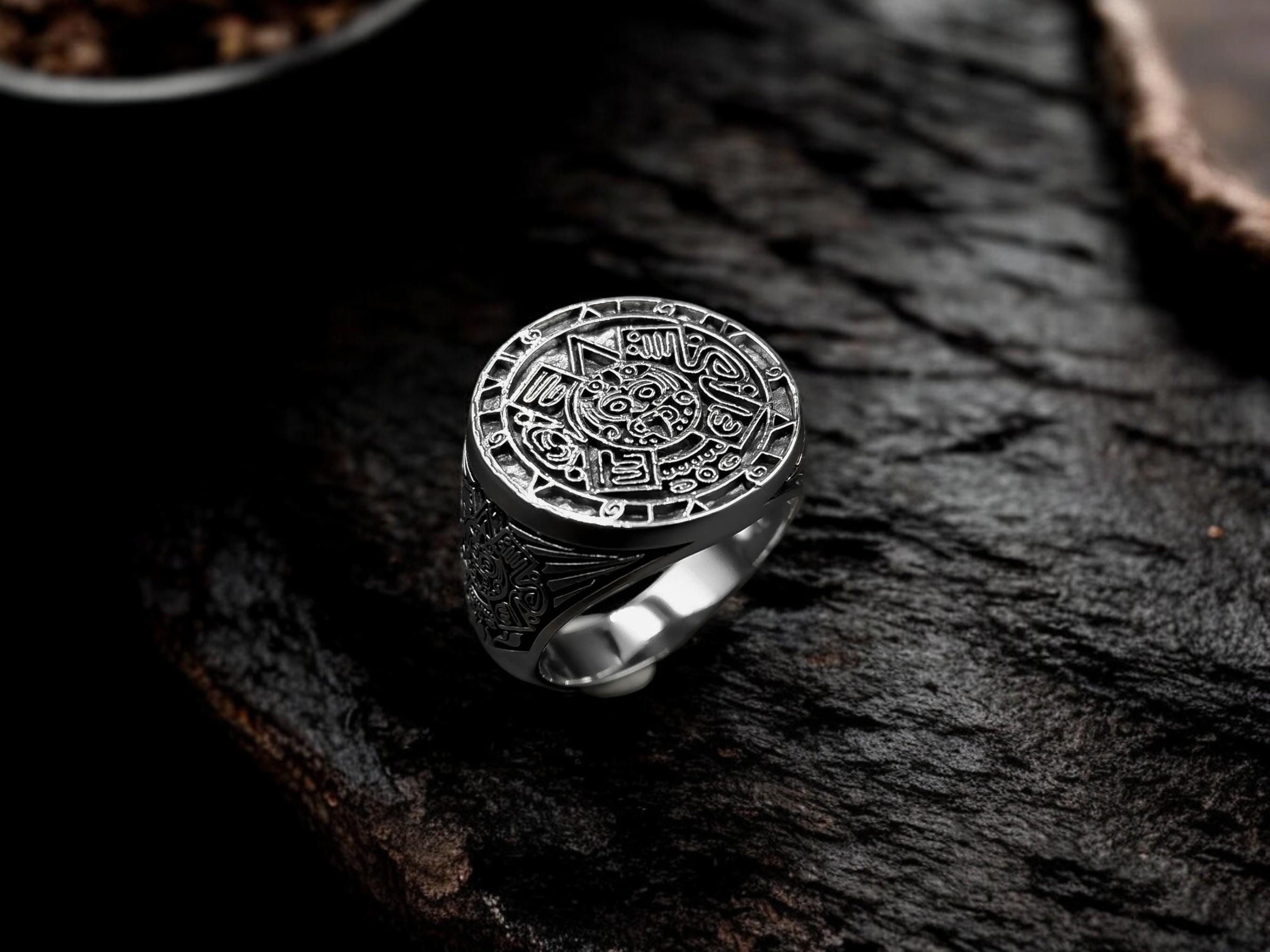 925 Sterling Silver Mayan Calendar Ring, Aztec Sun Jewelry, Ancient Symbol Silver Ring, Tribal Boho Ring