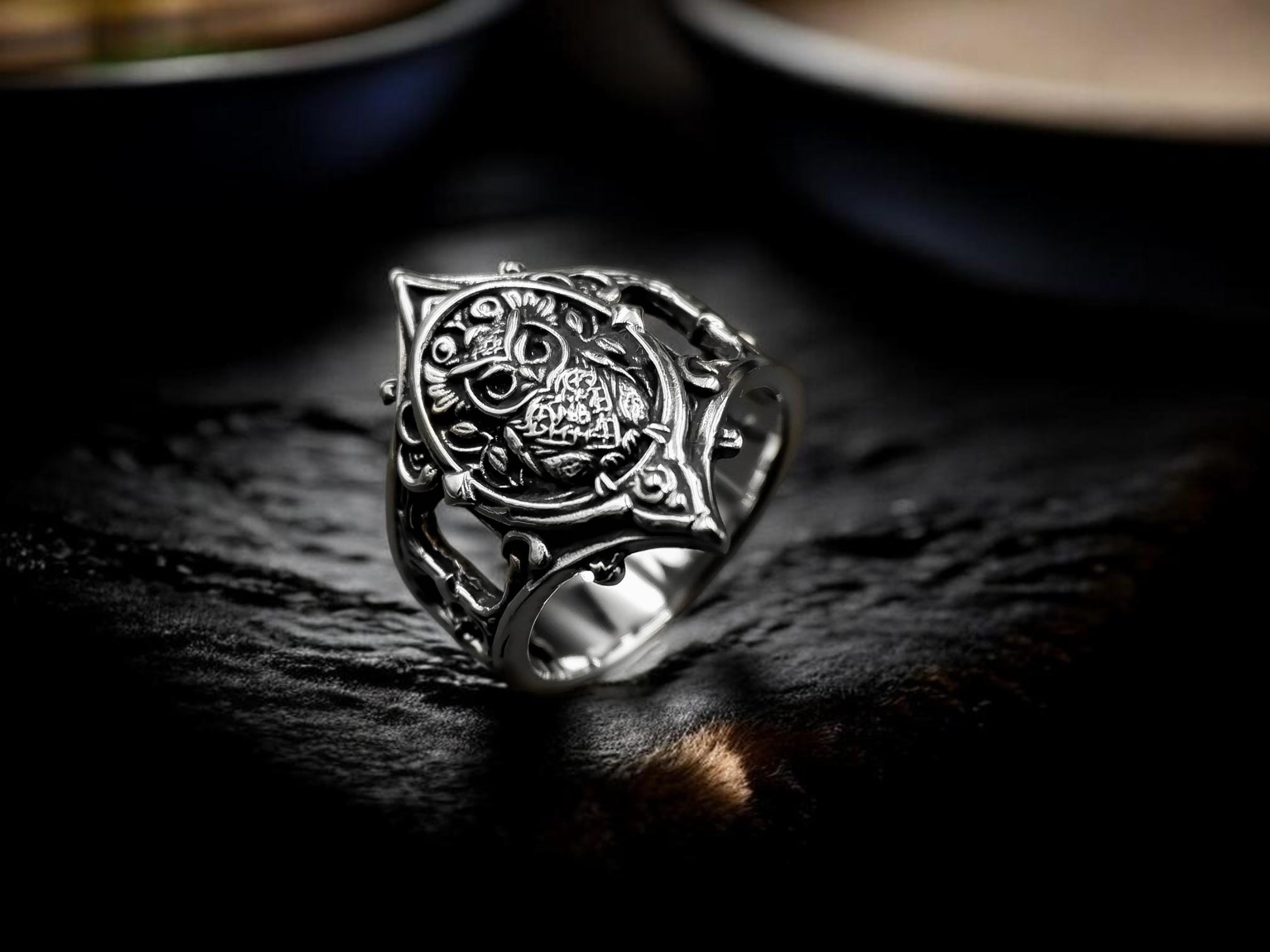 925 Sterling Silver Gothic Owl Ring, Viking Nordic Bird Signet Jewelry