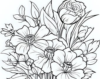 Flowers Coloring Pages for Kids and adults: 15 Page Garden & Botanical Printables (Instant Download)