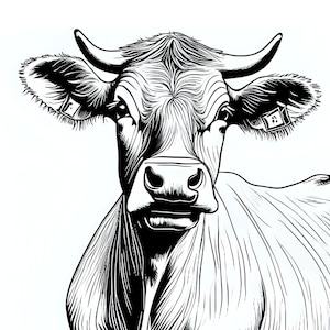 Puede incluir: Ilustración en blanco y negro de la cabeza de una vaca, con detalles de líneas. La vaca tiene cuernos curvados, etiquetas en las orejas visibles y una mirada enfocada. La imagen está sobre un fondo blanco.
