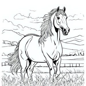 May include: Black and white line art illustration of a horse standing in a field of tall grass. The horse has a flowing mane and tail, with a background of rolling hills and a cloudy sky. A fence is visible in the distance.