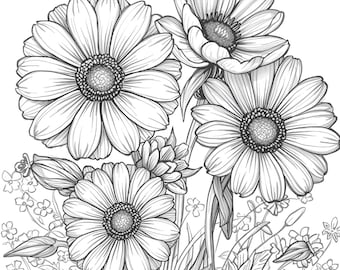 Flower Coloring Book for kids and adults: Botanical Illustration Art (Digital Download)