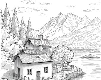Mountain Lake Scenery Print coloring pages for kids: Calm Nature Illustration (PDF)
