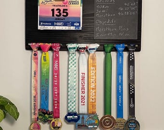 Solid Wood Medal and Bib Holder – Handcrafted, Sports Gift for Triathlon & Marathon "Finisher Wall" Burnt Wood
