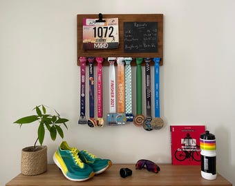 Solid Wood Medal and Bib Holder – Handcrafted, Sports Gift for Triathlon & Marathon "Finisher Wall" Stained Wood