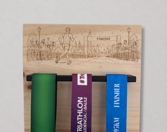 Wooden Running Medal Holder – Medal Gallery Running Edition – Engraved Marathon Wall Mount – Runner's Gift
