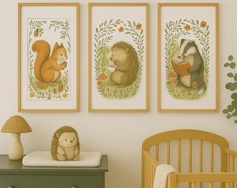 Woodland Nursery Prints: Vintage Watercolor Animals (Set of 6 Digital Downloads 16x20 inches )