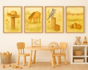 Cowboy Nursery Art Print: Watercolor Horses & Puppy (Digital Download, 11x14 inches