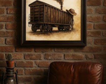 Vintage Train Car Print: Western Cowboy Hat, Rustic Railway Decor (16x20 Digital Download