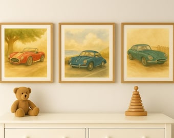 Vintage Sports Car Watercolor Print Set: Shelby Cobra, Jaguar, Porsche (Digital Download)