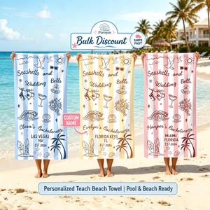 May include: Three rectangular beach towels with vertical stripes in light blue, yellow, and pink. Each towel features brown line art of seashells, wedding bells, palm trees, and surfboards, with text including Seashells and Wedding Bells.