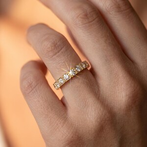 Moissanite Stacking Band, 925 Sterling Silver, 18K Gold Plated, Round Stones, Square Frame Details, Full Pave Wedding Band, Anniversary Ring