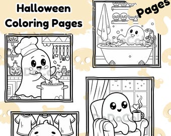 Kawaii geest kleurplaten, Halloween-activiteit, afdrukbare kunst (pdf/png)