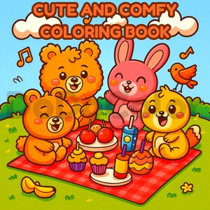 May include: A colorful illustration for a coloring book with the text "CUTE AND COMFY COLORING BOOK". The image features cartoon bears, a rabbit, and a bird having a picnic on a red and white checkered blanket.