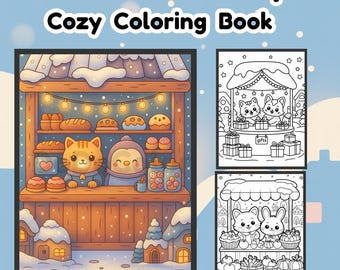 Kleurplaten Kawaii Winter Market | Gezellige winkels, dieren (afdrukbare pdf)