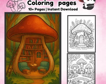 Paddenstoel kleurplaat voor volwassenen | Afdrukbaar Cottagecore Mushroom House